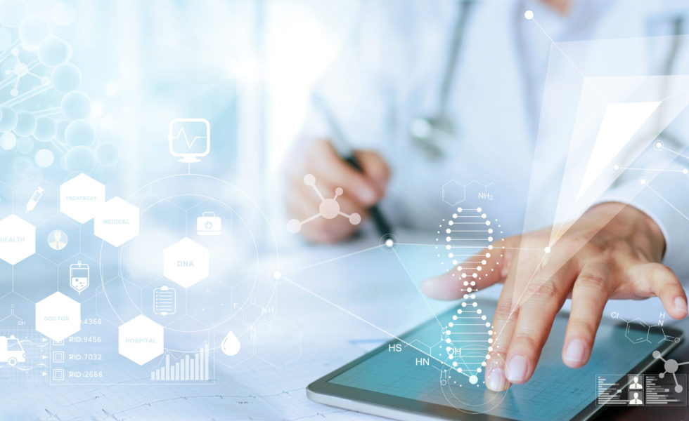 Medicine doctor hand touching computer interface as medical network connection with modern virtual screen, medical technology network concept